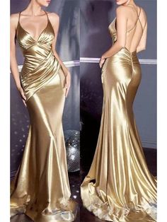 Sexy Spaghetti Straps Mermaid V-neck Gold Long Evening Prom Dress Onli – RomanBridal Mode Chanel, Prom Dresses Online, Satin Color, Mermaid Prom Dresses, Mermaid Dresses, Formal Evening Dresses, Spaghetti Strap Dresses