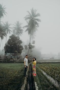 a man and woman standing in the middle of a rice field on a foggy day