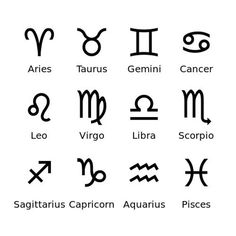 the zodiac signs and their meaningss are shown in this graphic style, with different font styles