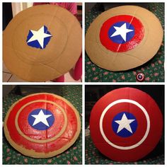 four different pictures of the same captain america shield