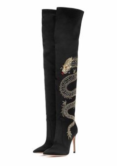 Luxury Fitted Knee-high Boots For Winter, Designer Thigh High Boots For Evening, Luxury Over The Knee Party Boots, Elegant Party Boots With Embroidery, Party High Heel Embroidered Boots, Elegant Embroidered Pointed Toe Boots, Luxury Thigh High Evening Boots, Luxury Thigh High Boots For Evening, Embroidered Dragon