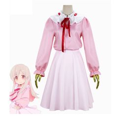 a pink dress with white collar and red ribbon around the neck is worn by an anime cosplay