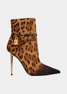 TOM FORD 105mm Calf Hair Padlock Ankle Boots - Bergdorf Goodman Tom Ford Padlock Heels, Shoes Heels Classy, Leopard Print Shoes, Beautiful Boots, Brown Ankle Boots, Calf Hair, Suede Ankle Boots, Shoe Lover, Stiletto Heel