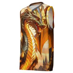 🐉Looking for a basketball jersey that will take your game to the next level? Look no further! Made with recycled polyester fabric, this High-Tech Gold Dragon Design Basketball Jersey Shirt is designed to keep you cool and dry even in the heat of competition. Style it as a streetwear piece and turn heads both on and off the court! *  100% recycled polyester fabric *  Fabric weight: 4.7 oz/yd² (160 g/m²) *  Two-way stretch fabric *  Moisture-wicking material *  Regular fit *  UPF50+ protection * Sleeveless Jersey With Sublimation Print, Sleeveless Basketball Team Jersey, Sleeveless Jersey Sports Top, Team Spirit Sleeveless Basketball Jersey, Sporty Sleeveless Jersey Top, Sleeveless Jersey Sportswear Top, Sporty Sleeveless Jersey With Sublimation Print, Casual Sleeveless Jersey Top, Sleeveless Jersey Tops With Team Spirit Style