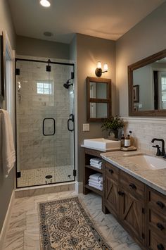 The beauty of Farmhouse Master Bathroom Ideas. From barn door showers to wood-beamed ceilings, these ideas bring a cozy, rustic feel to your space while maintaining style and functionality. #FarmhouseBathroomIdeas #RusticStyle #BathroomRemodel Bathroom Ideas One Sink, One Sink Master Bath, Double Wide Master Bath Remodel, Master Bathrooms 2024 Trends Farmhouse, Standing Shower Bathroom, Modern Western Bathroom, Small Master Bath Ideas, Farmhouse Guest Bathroom, Farmhouse Master Bath