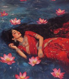 a painting of a woman laying on the water with pink flowers floating around her body