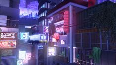 a futuristic city at night with neon lights