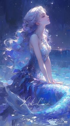 a woman in a blue dress sitting on top of a mermaid's tail with her eyes closed