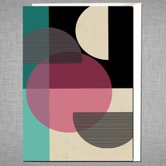 an abstract poster with circles and lines on the front, in shades of green, pink, black