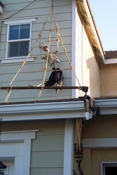 a cat sitting on top of a rope in front of a house