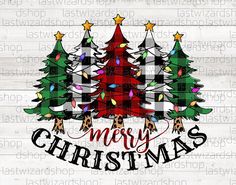 merry christmas tree with plaidered background on wooden planks, and the words merry christmas