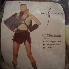 Leg Avenue 3pc Viking Costume Size: Large Includes: Cross Strapped Dress Fur Trimmed Cape Fur Cuffs Pregnant Viking Costume, Viking Woman Costume, Viking Sheild Maden Outfit, Viking Fur Cloak, Viking Fur Cape, Strapped Dress, Fur Trimmed Cape, Dress Fur, Aslaug Vikings Dress