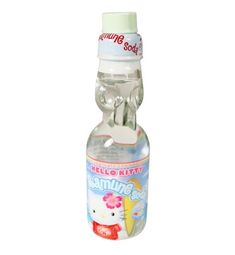 a bottle of sanitizer sitting on top of a white surface with a hello kitty label