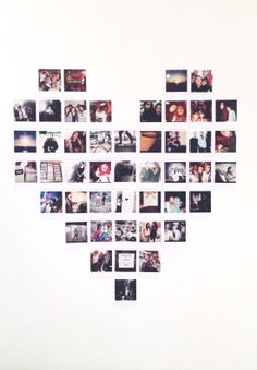 a heart shaped photo collage made up of multiple photos on a white wall with the word love spelled in it