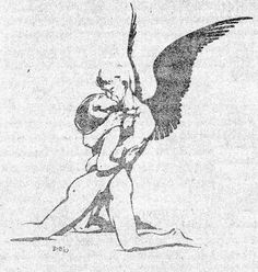 a drawing of an angel kneeling down with his arm around the back of a woman