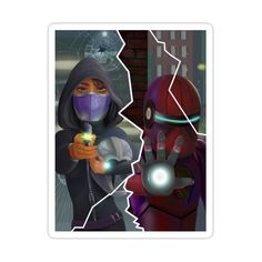 a sticker with the image of two people wearing masks and one holding a flashlight