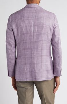 A blend of wool, silk and linen woven in a pale plaid relaxes a sport coat styled with a lightweight feel that's perfect for warm-weather occasions. 29" length (size 40) Notched lapels Nonfunctional four-button cuffs Chest welt pocket; front flap pockets Side vents Partially lined 38% wool, 34% silk. 28% linen Dry clean Made in Portugal Plaid Linen Outerwear For Fall, Plaid Linen Long Sleeve Outerwear, Plaid Linen Blazer With Notch Lapel, Plaid Linen Outerwear For Work, Classic Plaid Linen Outerwear, Tailored Plaid Linen Blazer, Tailored Plaid Linen Outerwear, Tailored Linen Plaid Blazer, Classic Plaid Sport Coat For Spring