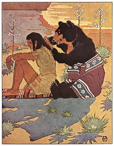 an illustration of two people and a bear in the wilderness, one sitting on a log