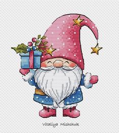 a cross stitch pattern of a gnome with presents in his hand and stars on the side