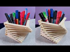 two pictures of different pens and markers in a wooden holder on top of a table