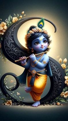 the hindu god is holding a flute and standing in front of a crescent with flowers on it