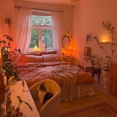 a bed room with a neatly made bed and lots of plants on the windowsill