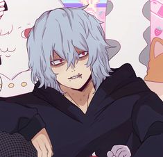 an anime character with white hair and blue eyes sitting in front of a cat wall