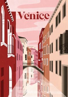 an image of a venice poster with buildings and water in the foreground on a pink background