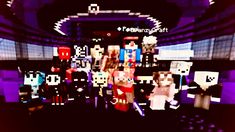 a group of minecraft characters standing in front of a computer screen with purple lighting