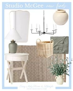 a collage of furniture and accessories including a lamp