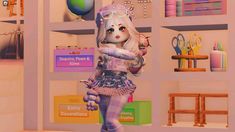 an animated doll is standing in front of shelves with crafting supplies on it's walls