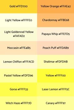 the color chart for different types of yellow, orange and pinks in various colors