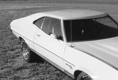 a white car parked on top of a grass covered field