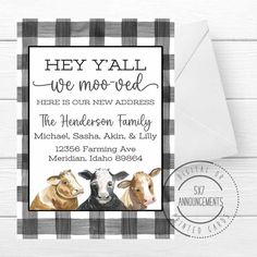 a black and white checkered card with two cows on it, says hey y'all we moo - od here is our new address