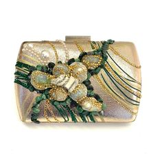 Gold Clutch With Emerald Stones And Pearls, Gold Rhinestones By Patricia Adelson Includes Box, Cleaning Cloth, Instructions Card, Pouch. This Is An Amazing Piece One Of A Kind, Handmade By The Artist Patricia Adelson. Visit My Other Items, There Are A Lot Of Beautiful Items To Choose From. If You Have Any Questions Please Send Me A Message, We Will Try To Respond Right Away. Elegant Green Evening Bag With Rhinestones, Elegant Embellished Evening Bag, Luxury Green Embellished Clutch, Green Luxury Embellished Clutch, Glamorous Embellished Rectangular Evening Bag, Designer Embellished Clutch For Events, Designer Green Clutch For Evening, Designer Green Evening Clutch, Formal Green Embellished Clutch