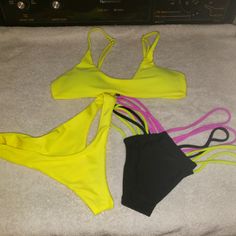 Nwot. Mix & Match Bikini Set. Comes With A Yellow Bikini Top, And 2 Different But Matching Bottoms (One In Yellow, And The Other Is Black With "Multi-Colored" String Straps). Colors: Yellow, Black, Purple Size: Small Brand: Forever21 Forever 21 Stretch Swimwear For Beach Season, Trendy Forever 21 Swimwear For Pool, Neon Yellow Party Swimwear For Summer, Forever 21 Triangle Top Swimwear For Swimming, Forever 21 Stretch Swimwear For Beach, Trendy Neon Yellow Swimwear For Beach, Trendy Forever 21 Swimwear For Beach Season, Trendy Neon Yellow Swimwear For Spring, Trendy Neon Yellow Swimwear