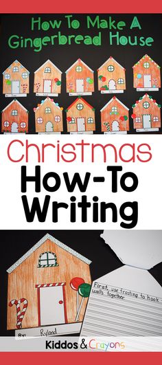 christmas writing activity for kids with gingerbread houses and candy canes on the table