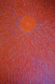 an orange and blue painting with swirls on the bottom, in red and purple