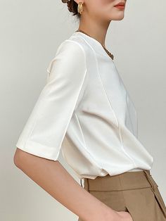 Half Sleeves Split-Joint Solid Color Round-Neck T-Shirts Tops WHITE-M Casual Office, Daily Dress, Solid Clothes, Shirt Skirt, Half Sleeve, Cotton Style, White Tops, Shoulder Sleeve, Cotton Spandex