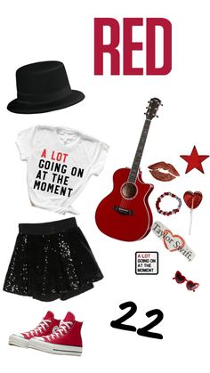 a red shirt, skirt and hat are on display with the words'i got going on at the moment 22