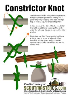 the instructions for how to tie a knot on a wooden pole with scissors and other items