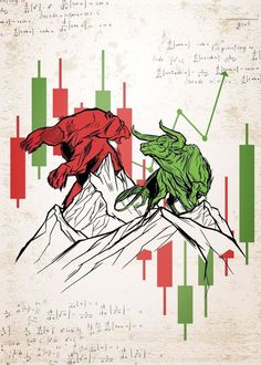 two red and green animals standing on top of each other in front of a stock chart