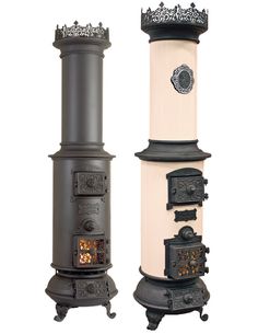 two different types of stoves are shown side by side, one is white and the other is black