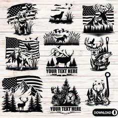 the silhouettes of wild animals and flags on wood