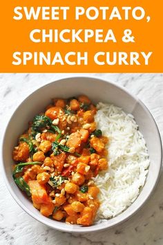 sweet potato, chickpea and spinach curry in a white bowl with rice