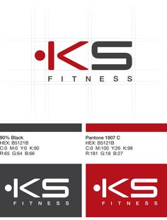 the logo for k s fitness is shown in red, white and grey colors with black letters