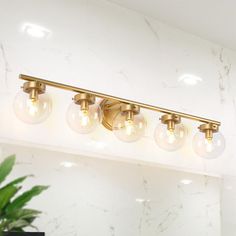 a bathroom vanity light with three bulbs on it and a potted plant in the corner