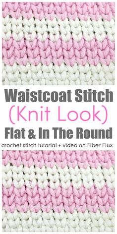 the waistcoat stitch knit look is shown in pink and white, with text overlay