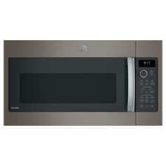 a stainless steel microwave oven with the door open and its electronic display on it's side