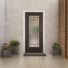 the front door to a house with potted plants on either side and a glass paneled entry door